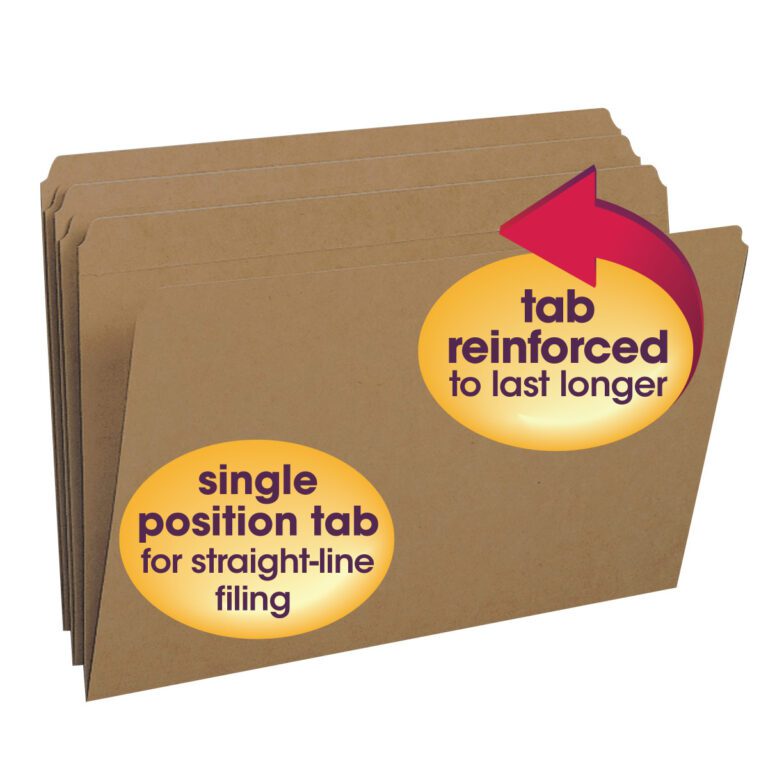 Image of Smead File Folder, legal size, with right-side tab. Text bubbles: Reinforced tab for durability and single position tab for straight-line filing. Available in 100 per box (15710).