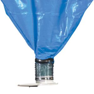The MH-USA 15 Cubic Feet Loose Fill Dispenser includes a blue plastic chute with a flexible metal hose, ideal for collecting leaves or debris. The hose connects to a white base, enabling easy attachment to a vacuum or blower system.