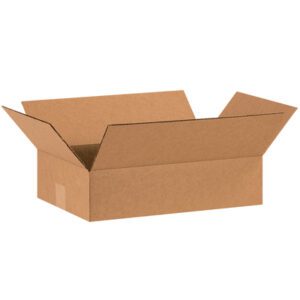 An empty MH-USA 16 x 10 x 4 Flat Corrugated Box with outward flaps is set against a plain white backdrop.