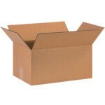 An open MH-USA 16 x 10 x 8 corrugated box, flaps extended outward, sits empty against a white backdrop.