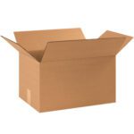 A large open MH-USA 16 x 11 x 10 corrugated box with flaps extended outward, showcasing its sturdy design on a white background. One side has a small taped area near the bottom. Ideal for various packing needs, they come in bundles of 25.