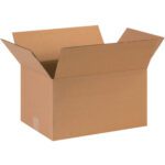 The MH-USA 16 x 11 x 9 Corrugated Boxes (25/Bundle) are shown open with flaps extended, revealing a spacious interior against a plain white background.