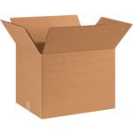 An open, empty MH-USA 16 x 12 x 12 corrugated box with outward-angled top flaps is set against a white background, showcasing its simple rectangular shape and textured surface.