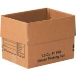 A brown cardboard box with open flaps reads 1.5 Cu. Ft. Flat Deluxe Packing Box and includes checkboxes for labeling, ideal for moving or storage. Its designed for convenience and organization as part of the MH-USA 16 x 12 x 12 Deluxe Packing Boxes (25/Bundle).