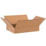 A brown cardboard MH-USA 16 x 12 x 3 Flat Corrugated Box, with outward-extended flaps, rests on a white background. Its empty interior shows sturdy corrugated layers and a precise rectangular shape typical of these boxes sold in bundles of 25.