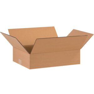 An open MH-USA 16 x 12 x 4 flat corrugated box with flaps extended outward is set against a plain white background. The new, empty box is ideal for shipping or storage, and comes in bundles of 25.