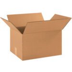 An open MH-USA 16 1/4 x 12 1/4 x 9 5/16 corrugated box, from a set of 25 per bundle, features extended flaps and sits empty against a plain white background, perfect for efficient packing and storage solutions.