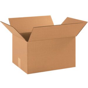 An open MH-USA 16 1/4 x 12 1/4 x 9 5/16 corrugated box, from a set of 25 per bundle, features extended flaps and sits empty against a plain white background, perfect for efficient packing and storage solutions.