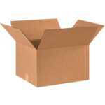 The MH-USA 16 x 14 x 10 Corrugated Boxes (25/Bundle) is shown open on a white background, revealing its sturdy brown corrugated texture and outward-extending flaps.