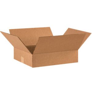 The MH-USA 16 x 14 x 4 Flat Corrugated Boxes (25/Bundle) feature open flaps on a plain white background, highlighting their durable texture. Ideal for shipping or storage, these boxes are showcased in good condition.