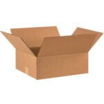 An open MH-USA 16 x 14 x 6 flat corrugated box with outward flaps sits empty against a plain white background.