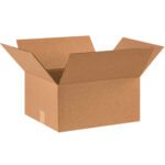 A brown cardboard box, with its flaps folded outward, sits on a pristine white background, resembling the MH-USA corrugated boxes measuring 16 x 14 x 8 in a bundle of 25.