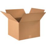An open MH-USA 16 x 16 x 11 corrugated box with unfolded flaps, set against a plain white background.