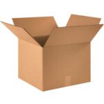 The MH-USA 16 x 16 x 12 Corrugated Box, shown open with outward flaps on a white background, displays its brown color and texture. Sold in bundles of 25 for all packing needs.