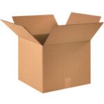 A MH-USA 16 x 16 x 13 corrugated box with open flaps showcases its plain brown exterior, highlighting its durability against a light background.