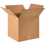 An open brown cardboard box from the MH-USA 16 x 16 x 15 Corrugated Boxes (25/Bundle) set sits with extended flaps on a plain white background.