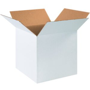 An MH-USA 16 x 16 x 16 white corrugated box from a bundle of 25 is open with flaps slightly apart against a plain white background, revealing the brown textured interior that combines durability and style.