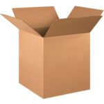 An MH-USA 16 x 16 x 18 corrugated box, brown and showcasing its textured appearance, is displayed with flaps folded outward against a white background. It is one of the boxes from the MH-USA set of 25 per bundle.