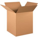A plain MH-USA 16 x 16 x 19 corrugated box with outward flaps, set against a white backdrop, showcasing its new, brown texture. Perfect for packaging and available in bundles of 25.