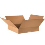 The MH-USA 16 x 16 x 3 flat corrugated box is shown empty with flaps open on a white background. Known for robust construction, its ideal for packaging or shipping, offered in bundles of 25.