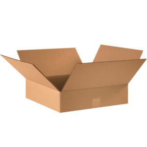 An empty open brown box from the MH-USA 16 x 16 x 4 Flat Corrugated Boxes (25/Bundle) set, with outward-extended flaps, rests against a plain white background.