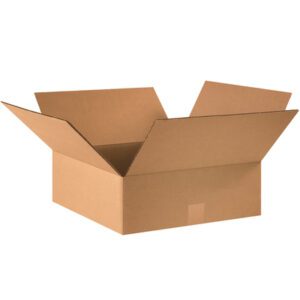 An empty MH-USA 16 x 16 x 5 flat corrugated box sits with its flaps open on a white surface, highlighting its simple brown texture and rectangular shape—ideal for packing or shipping and available in bundles of 25.