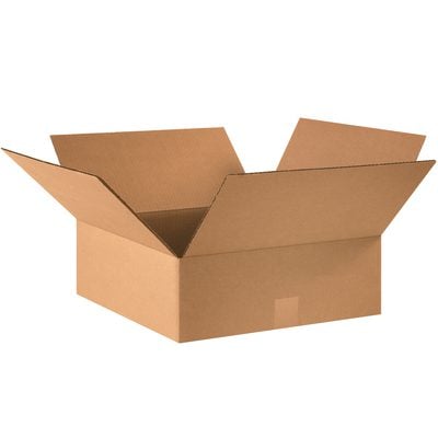 16165.jpg An empty MH-USA 16 x 16 x 5 flat corrugated box sits with its flaps open on a white surface, highlighting its simple brown texture and rectangular shape—ideal for packing or shipping and available in bundles of 25.