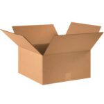 An open MH-USA 16 x 16 x 8 corrugated box with outward flaps is shown, showcasing its brown texture and rectangular form, capturing the practicality of these bundles of 25.