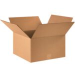 A large open cardboard box with raised flaps stands against a white backdrop, highlighting the straightforward design and functionality of the MH-USA 16 x 16 x 9 corrugated boxes (25/Bundle).