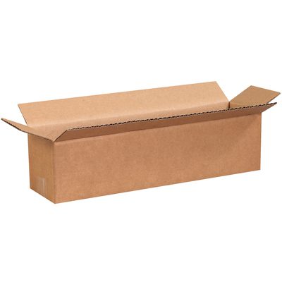 1644.jpg A long, rectangular MH-USA 16 x 4 x 4 corrugated box with open flaps stands against a plain white background.