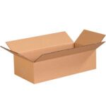 A brown rectangular MH-USA 16 x 8 x 4 flat corrugated box with open flaps sits against a plain white backdrop, emphasizing its sturdy texture and appearing empty.