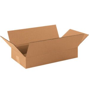 An open, empty MH-USA 16 x 9 x 3 Long Corrugated Box with outward-facing flaps rests on a white background. Its rectangular shape and visible corrugated texture make it ideal for versatile packaging, available in bundles of 25.