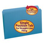 A Smead File Folder (17010) features a reinforced straight-cut tab labeled Single Position Tab for Straight-Line Filing. The blue folder holds legal size documents and comes in a box of 100.