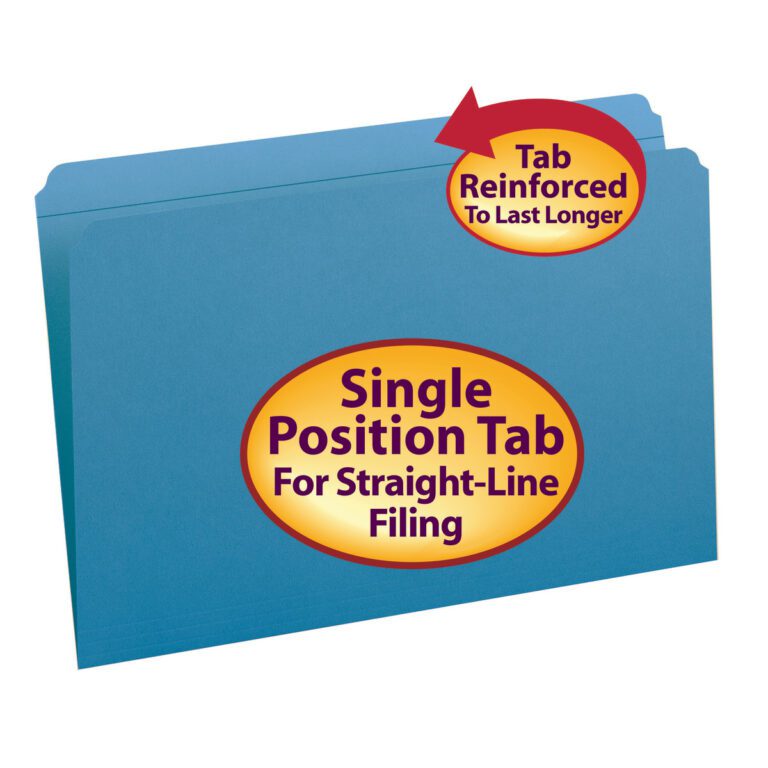 A Smead File Folder (17010) features a reinforced straight-cut tab labeled Single Position Tab for Straight-Line Filing. The blue folder holds legal size documents and comes in a box of 100.