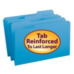 This box of 100 blue Smead File Folders (17034) is legal size with reinforced 1/3-cut tabs. The front folder has an oval yellow label bordered in purple, stating Tab Reinforced To Last Longer in bold purple letters.