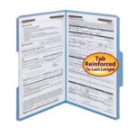 Open the Smead Fastener File Folder, 2 fasteners, reinforced 1/3-cut tab in blue for secure storage of loan applications and insurance documents. Available in legal size, boxes of 50 (17040).