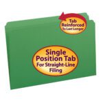 The Smead File Folder, Legal Size, Green, features a Reinforced Straight-Cut Tab with a red and yellow label saying Tab Reinforced To Last Longer and a large oval label stating Single Position Tab For Straight-Line Filing. Available in boxes of 100 (17110).