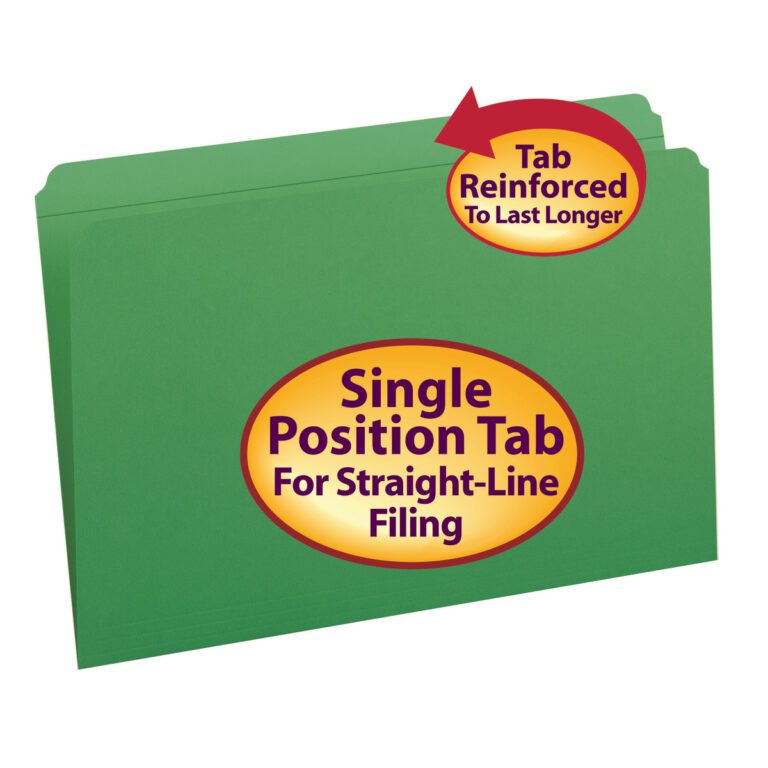 The Smead File Folder, Legal Size, Green, features a Reinforced Straight-Cut Tab with a red and yellow label saying Tab Reinforced To Last Longer and a large oval label stating Single Position Tab For Straight-Line Filing. Available in boxes of 100 (17110).