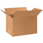 An open MH-USA 17 1/4 x 11 1/4 x 11 1/2 corrugated box from the 25/Bundle set contrasts the white background with its brown surface, highlighting its spacious, empty interior.
