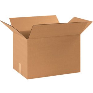 An open MH-USA 17 1/4 x 11 1/4 x 11 1/2 corrugated box from the 25/Bundle set contrasts the white background with its brown surface, highlighting its spacious, empty interior.