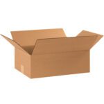 A plain, open MH-USA 17 1/4 x 11 1/4 x 5 flat corrugated box from a bundle of 25 sits against a white background. The versatile brown cardboard box with extended flaps appears empty, ideal for efficient packing and shipping.