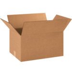 An open MH-USA 17 x 12 x 10 corrugated box with outward-folded flaps, set against a plain white background, showcases its natural brown color and texture. These empty boxes are ideal for various packaging needs and come in bundles of 25.