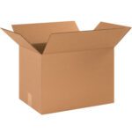 An MH-USA 17 x 12 x 12 corrugated box, part of a bundle of 25, sits against a plain white background. Its outward flaps are shown at an angle, highlighting depth and height.