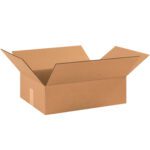An open MH-USA 17 1/2 x 12 x 3 flat corrugated box from a bundle of 25 is shown empty with flaps spread out on a plain white background.