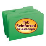 Three green Smead file folders (17134) with reinforced 1/3-cut tabs promise durability. The front folder has a yellow oval label with purple text: Tab Reinforced To Last Longer. Ideal for organization, these legal-size folders ensure longevity in any project.