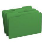 Three green Smead file folders (1/3-cut tabs, legal size) stand upright, contrasting the plain white background. Made from sturdy materials, these folders create a neat display.