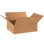 An open, empty cardboard box with outward flaps resembles the MH-USA 17 x 14 x 5 Flat Corrugated Boxes (25/Bundle), standard brown and perfect for shipping or storage, standing out against a plain backdrop.