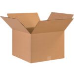 An MH-USA 17 x 17 x 12 corrugated box from a bundle of 25 is open with flaps extended outward against a white background.