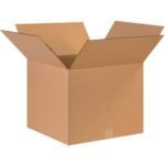 An MH-USA 17 x 17 x 14 corrugated box sits open, its flaps outstretched against a white backdrop. Empty yet sturdy, it showcases the quality expected from each bundle of 25.