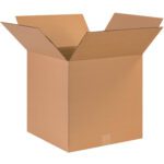 A bundle of 25 MH-USA 17 x 17 x 17 corrugated boxes stands on a white background, flaps outward. Ideal for packaging, they offer durability and reliability for shipping needs.